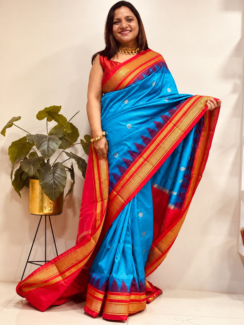 Blue and Red Ilkal Silk Small Booti Big Temple Border Saree