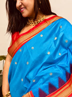 Blue and Red Ilkal Silk Small Booti Big Temple Border Saree