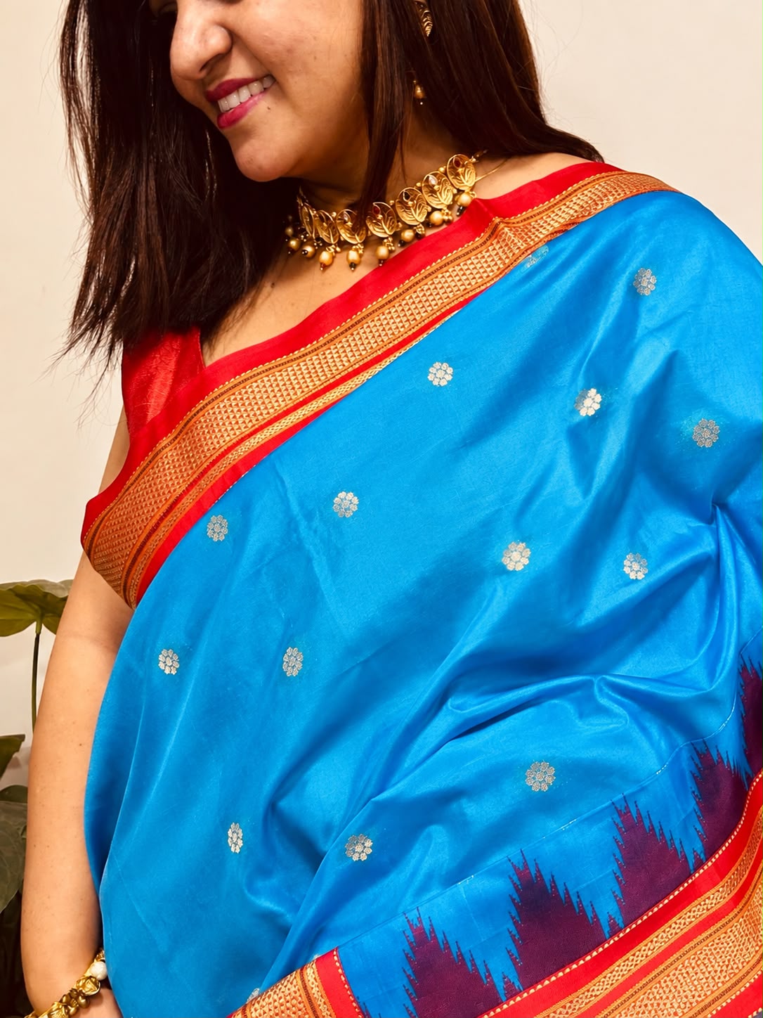 Blue and Red Ilkal Silk Small Booti Big Temple Border Saree