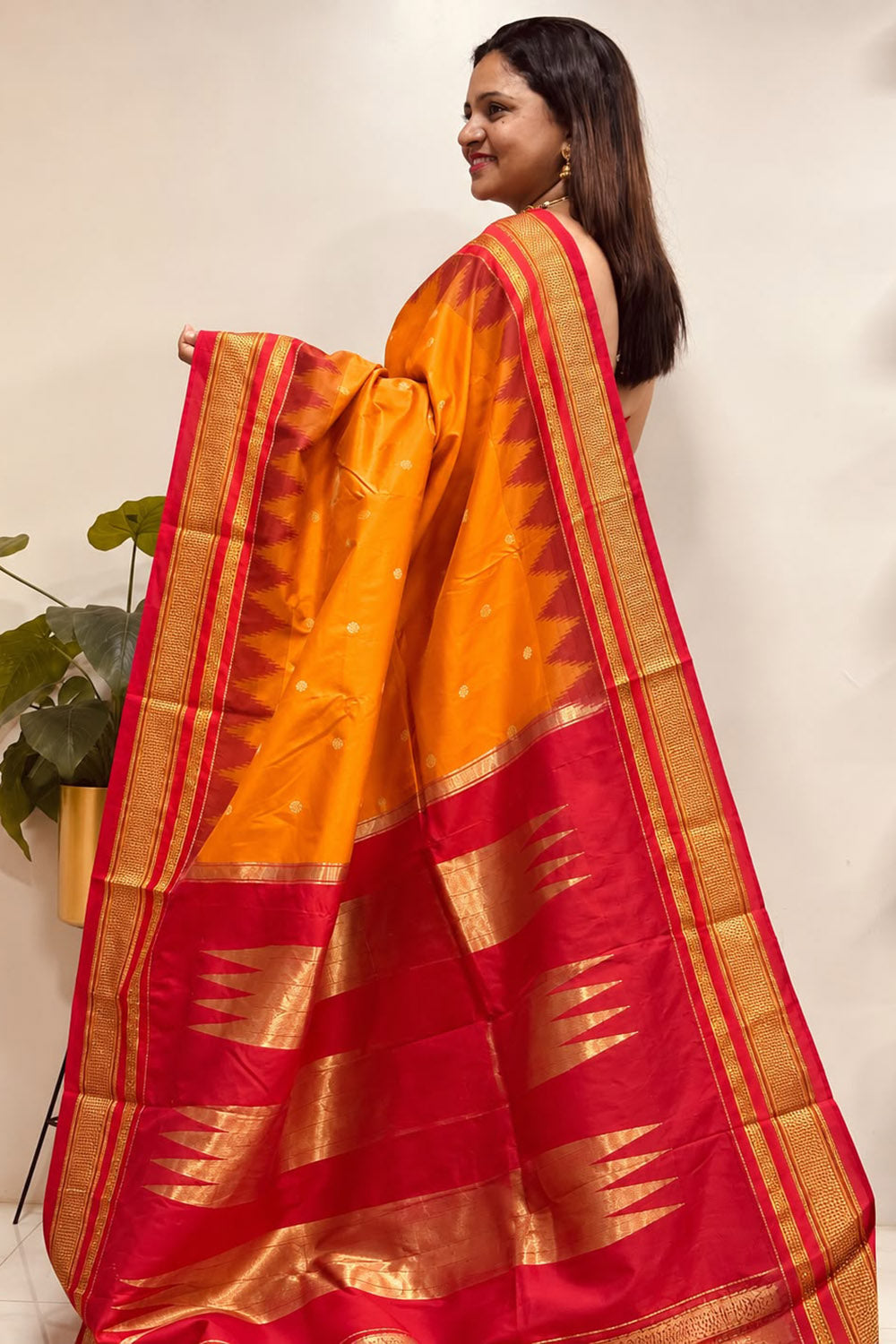 Orange and Red Ilkal Silk Small Booti Big Temple Border Saree