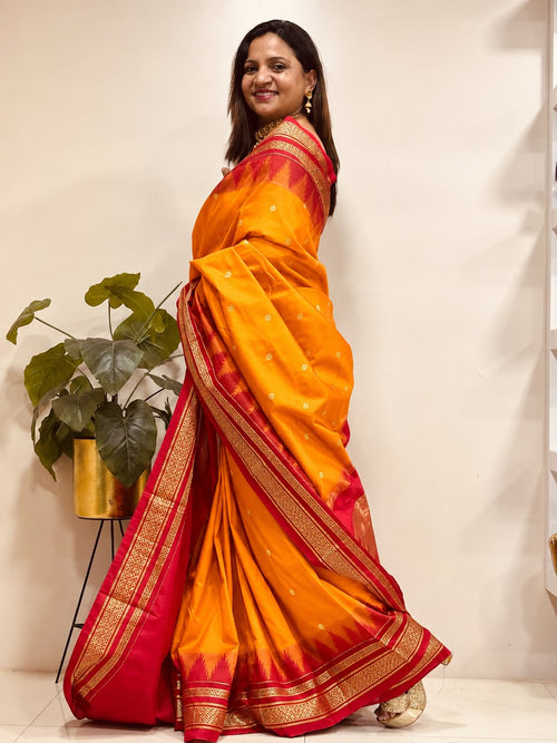 Orange and Red Ilkal Silk Small Booti Big Temple Border Saree