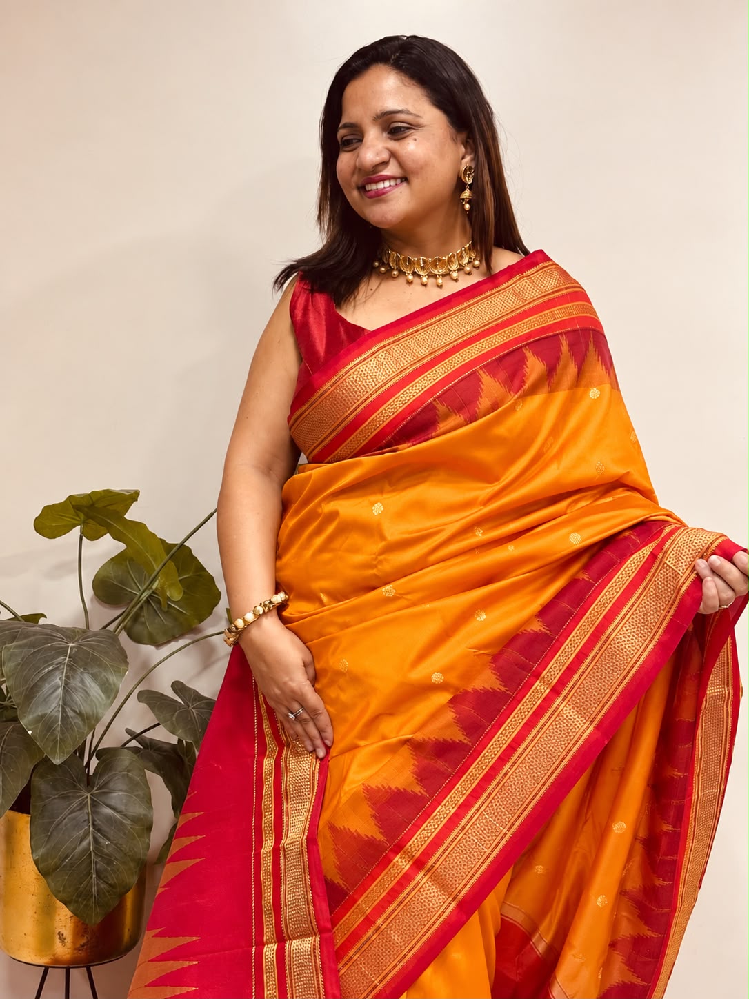 Orange and Red Ilkal Silk Small Booti Big Temple Border Saree