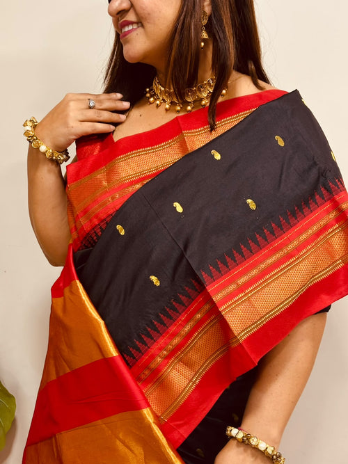 Black and Red Ilkal Pure Silk Booti Design Temple Border Saree