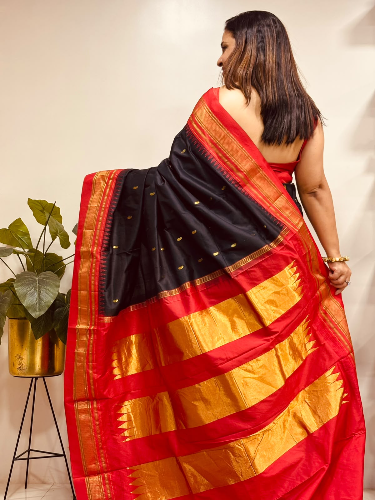 Black and Red Ilkal Pure Silk Booti Design Temple Border Saree