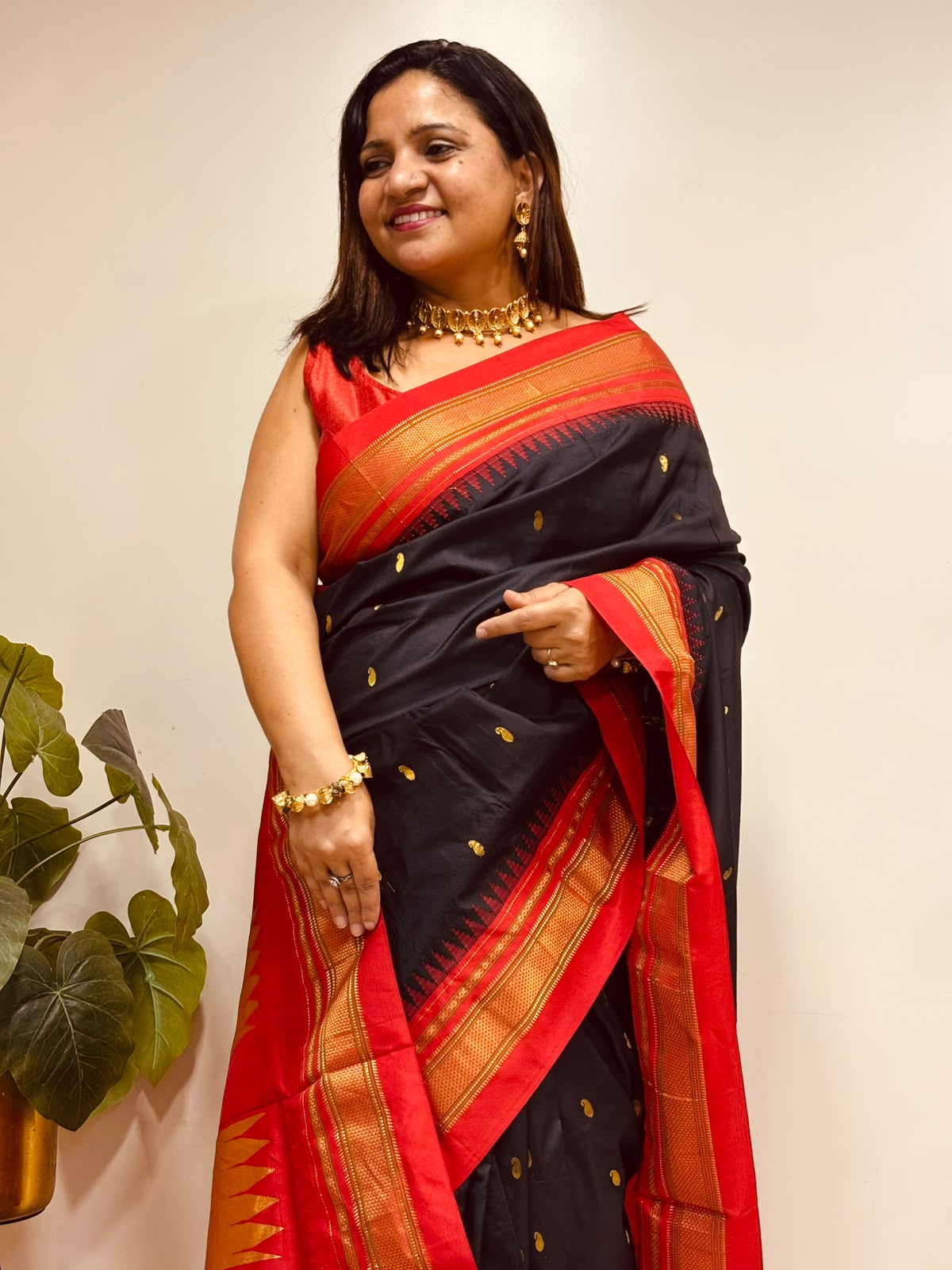 Black and Red Ilkal Pure Silk Booti Design Temple Border Saree