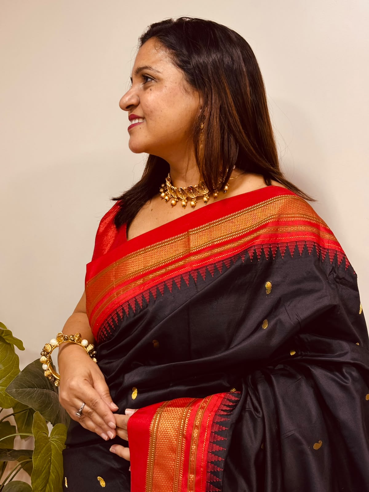 Black and Red Ilkal Pure Silk Booti Design Temple Border Saree