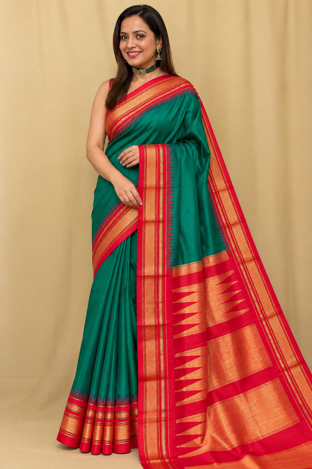 Green and Red Ilkal Pure Silk Booti Design Temple Border Saree