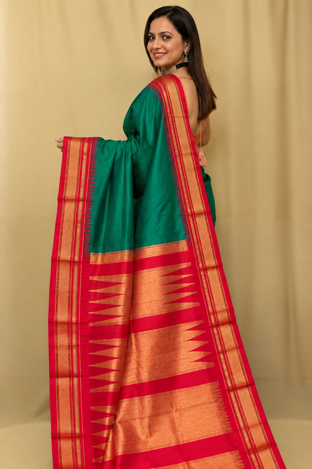 Green and Red Ilkal Pure Silk Booti Design Temple Border Saree