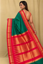 Green and Red Ilkal Pure Silk Booti Design Temple Border Saree