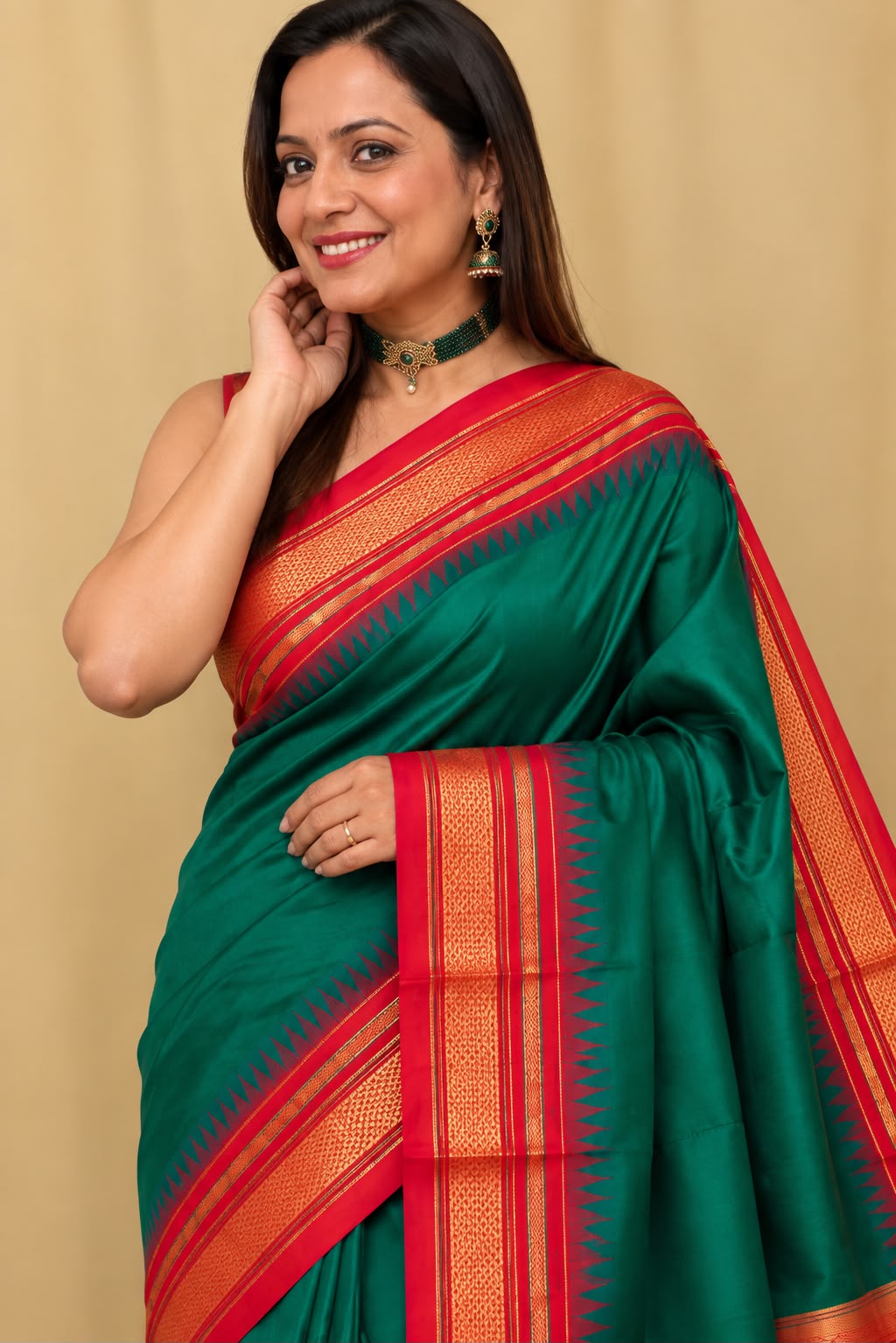Green and Red Ilkal Pure Silk Booti Design Temple Border Saree