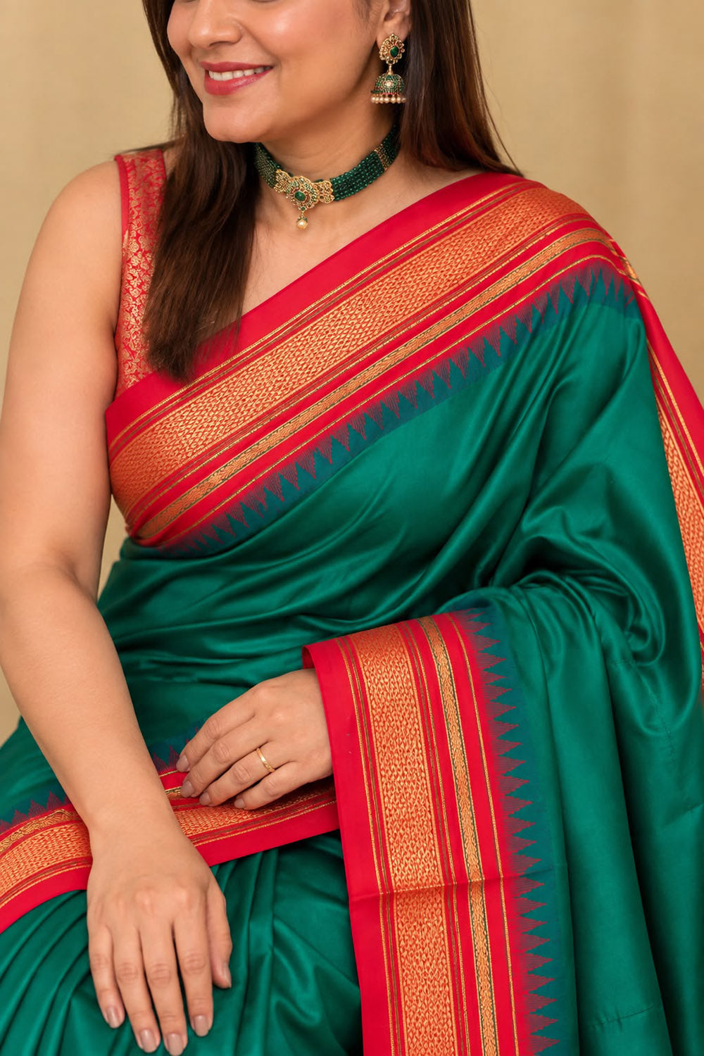 Green and Red Ilkal Pure Silk Booti Design Temple Border Saree