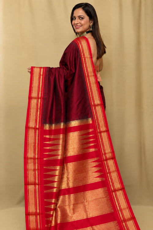 Maroon and Red Ilkal Pure Silk Booti Design Temple Border Saree
