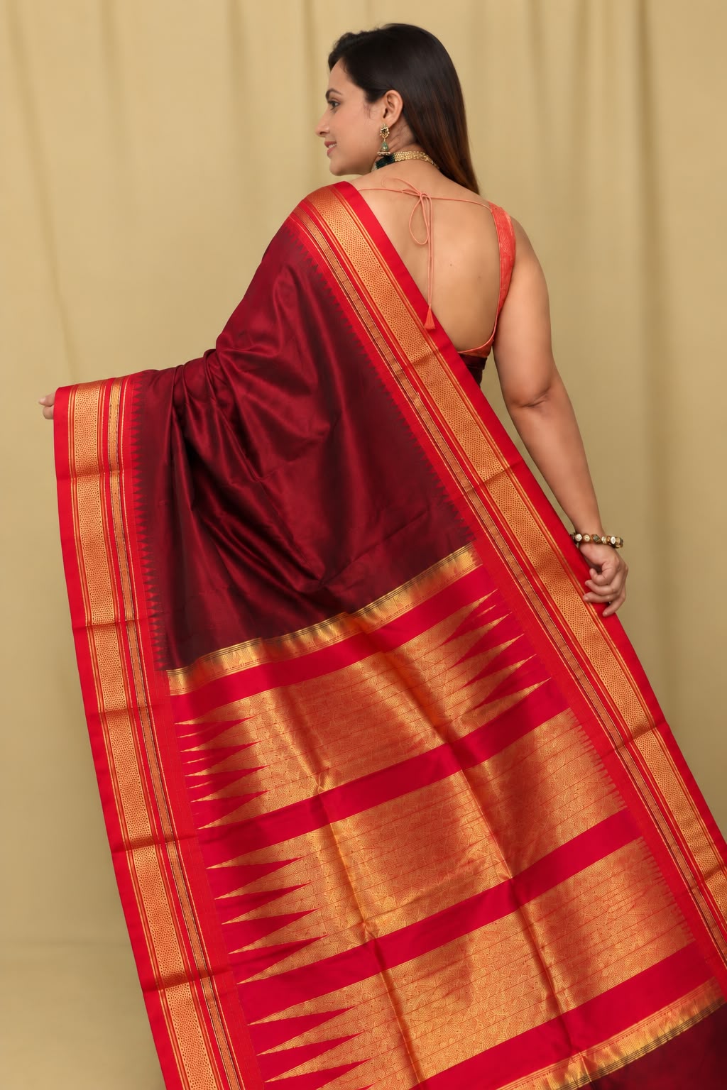 Maroon and Red Ilkal Pure Silk Booti Design Temple Border Saree