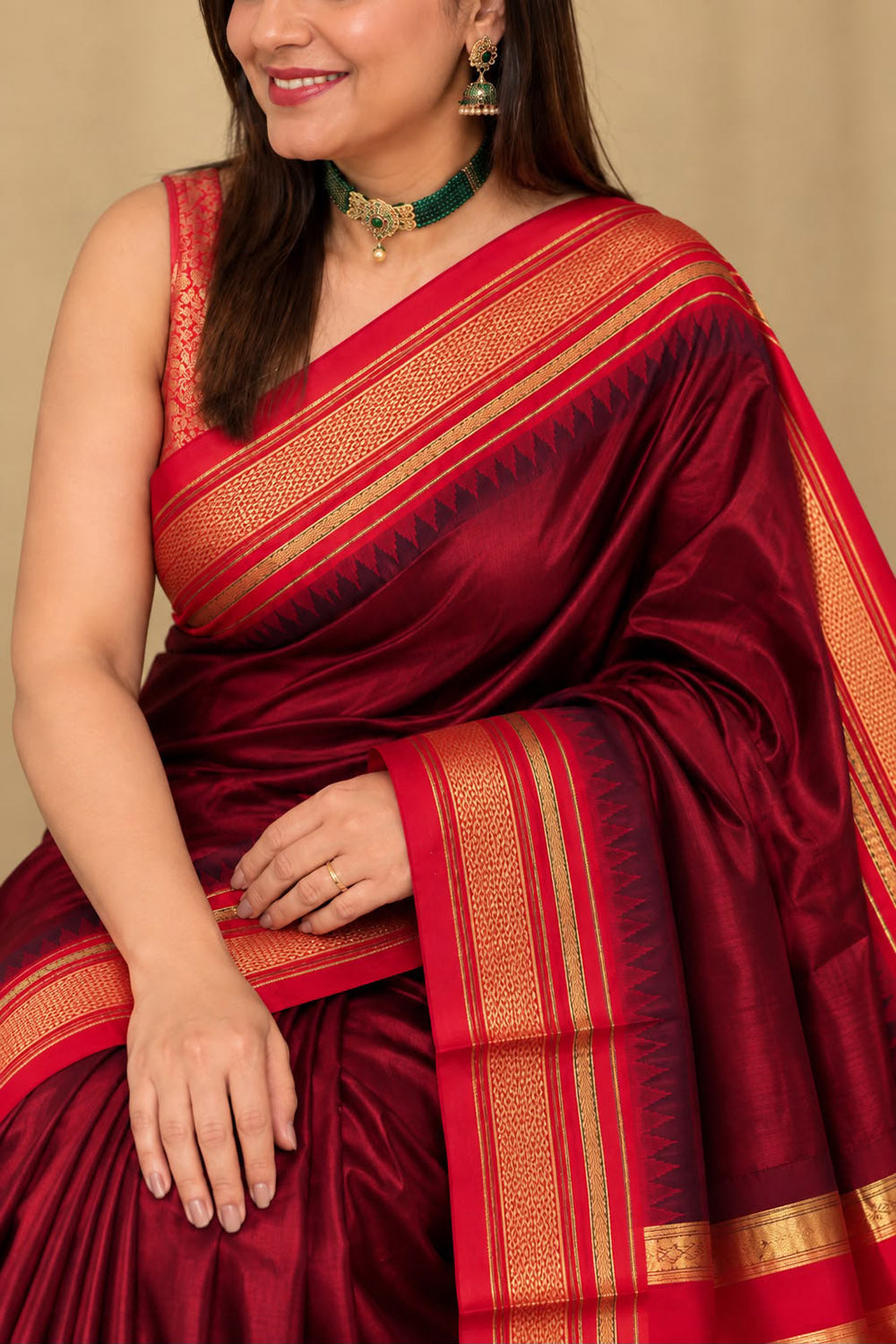 Maroon and Red Ilkal Pure Silk Booti Design Temple Border Saree