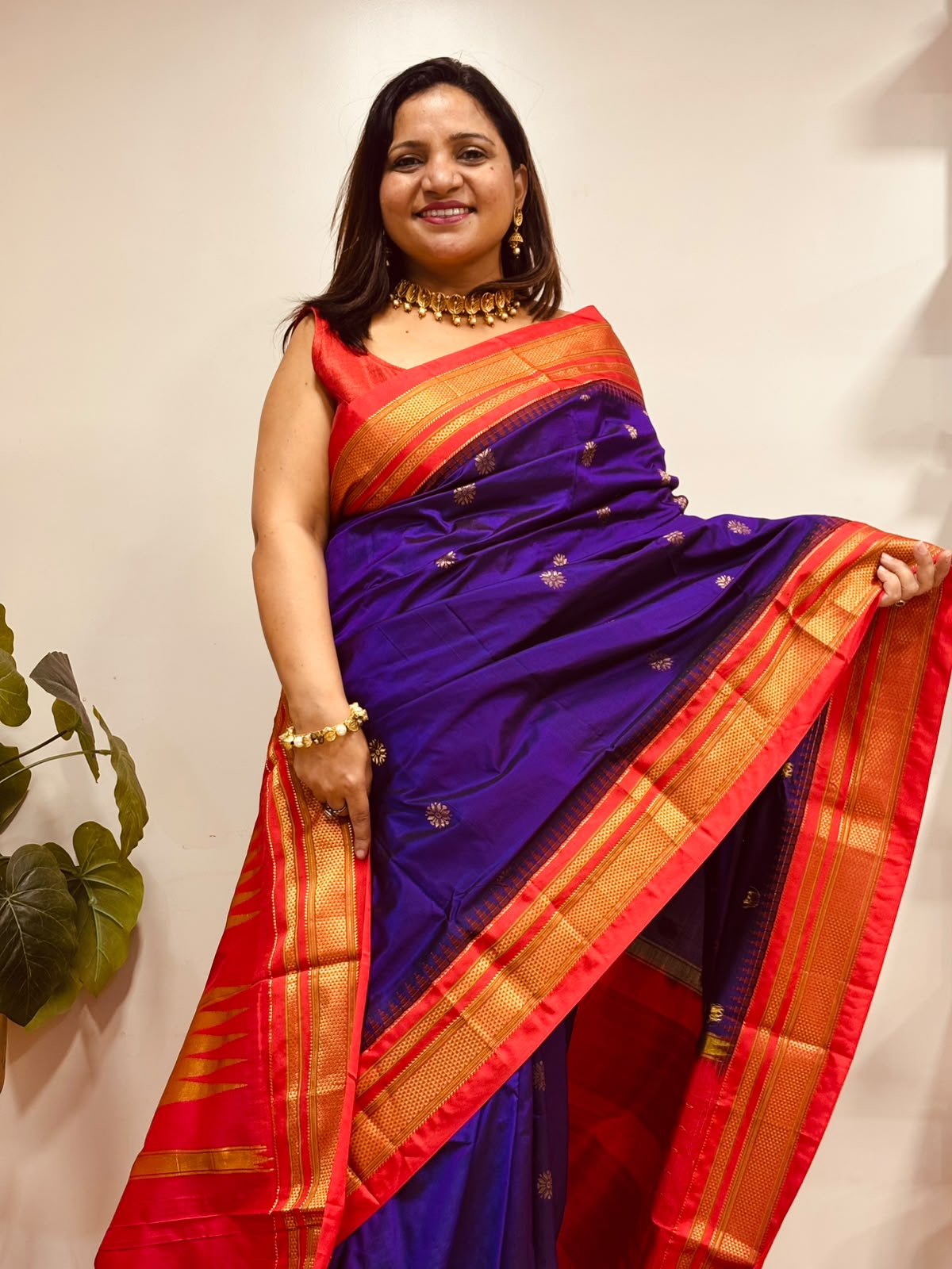 Purple and Red Ilkal Pure Silk Booti Design Temple Border Saree