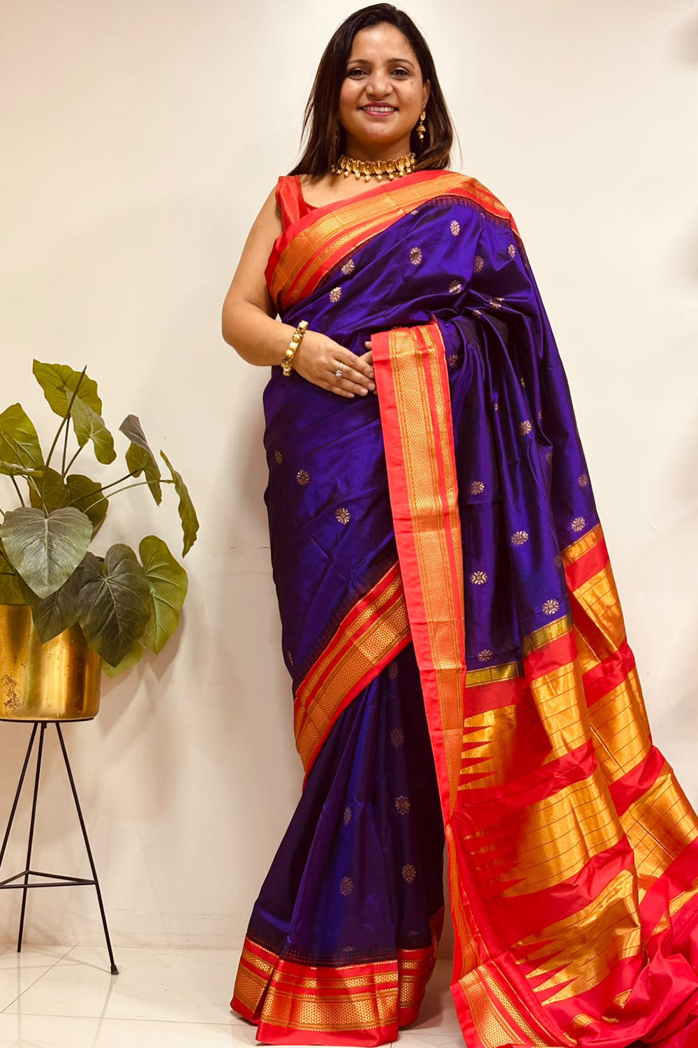 Purple and Red Ilkal Pure Silk Booti Design Temple Border Saree