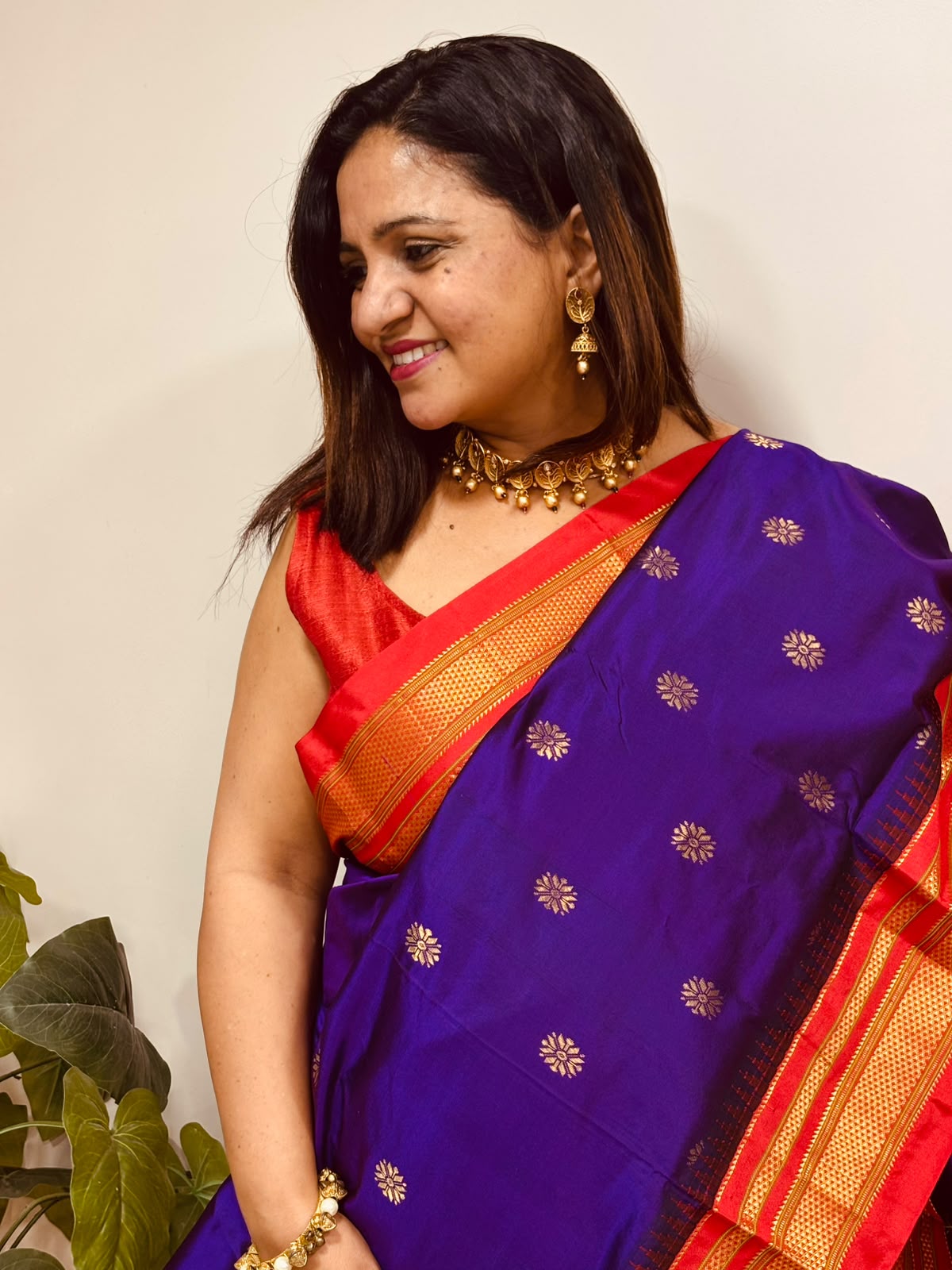 Purple and Red Ilkal Pure Silk Booti Design Temple Border Saree
