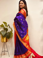 Purple and Red Ilkal Pure Silk Booti Design Temple Border Saree