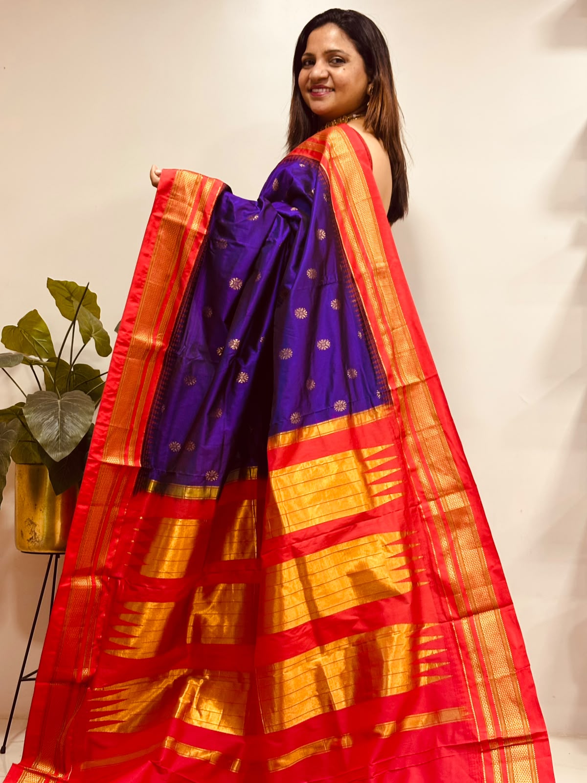 Purple and Red Ilkal Pure Silk Booti Design Temple Border Saree