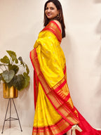 Yellow and Red Ilkal Pure Silk Booti Design Temple Border Saree