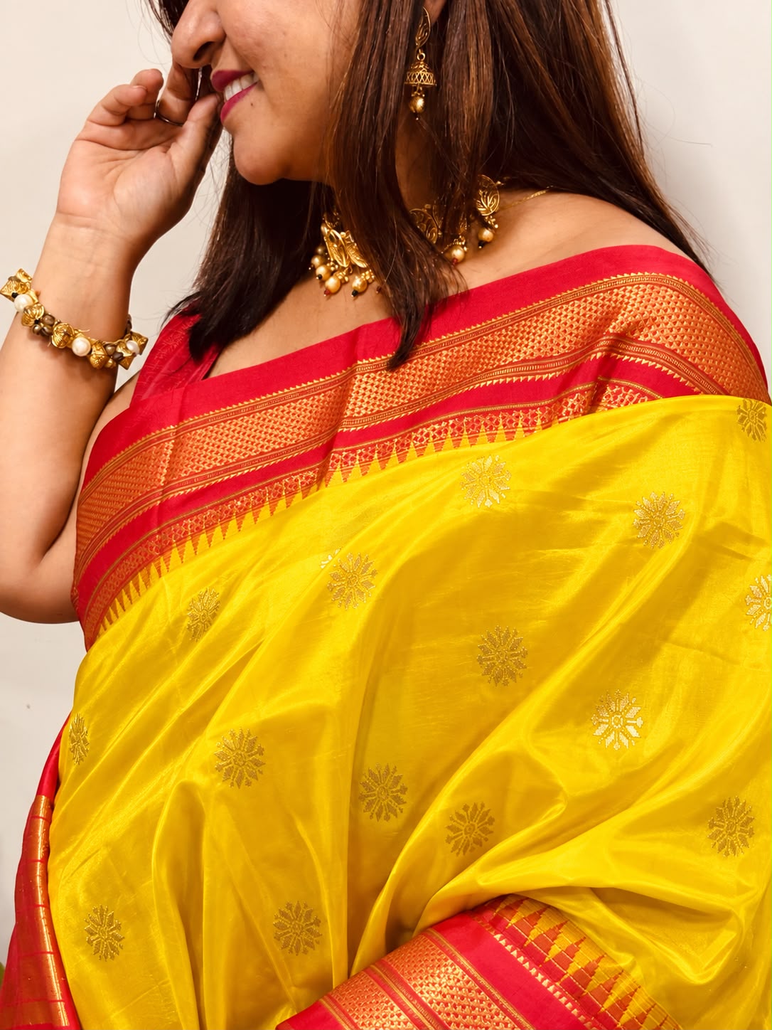 Yellow and Red Ilkal Pure Silk Booti Design Temple Border Saree