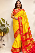 Yellow and Red Ilkal Pure Silk Booti Design Temple Border Saree