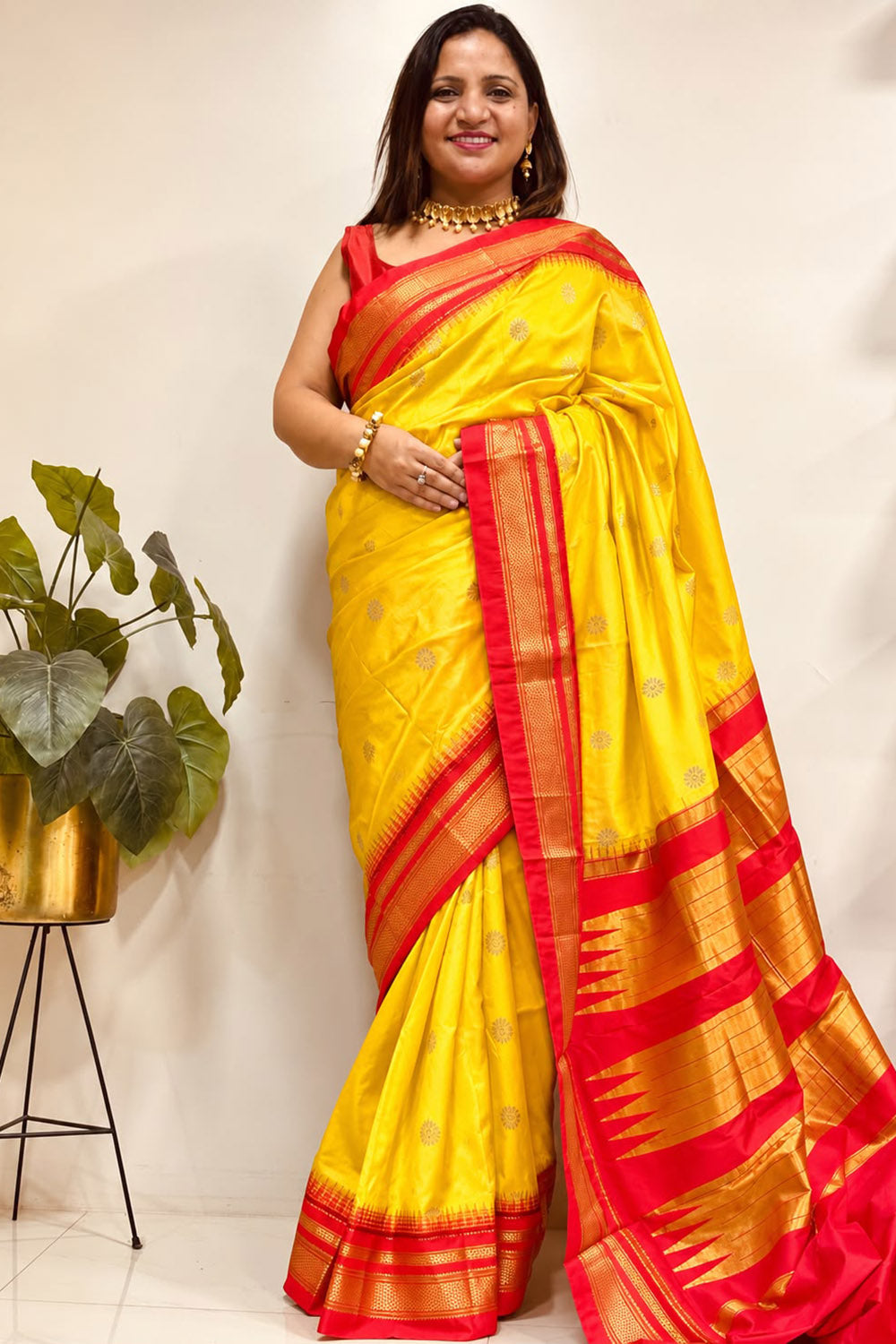 Yellow and Red Ilkal Pure Silk Booti Design Temple Border Saree