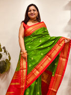Green and Red Ilkal Pure Silk Booti Design Temple Border Saree