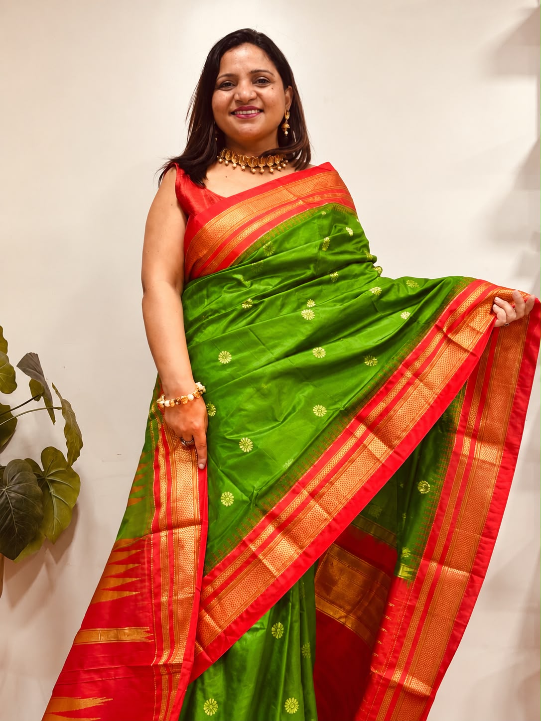 Green and Red Ilkal Pure Silk Booti Design Temple Border Saree