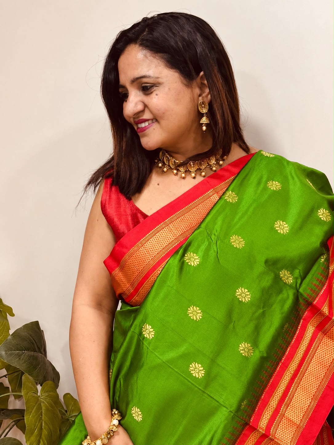 Green and Red Ilkal Pure Silk Booti Design Temple Border Saree