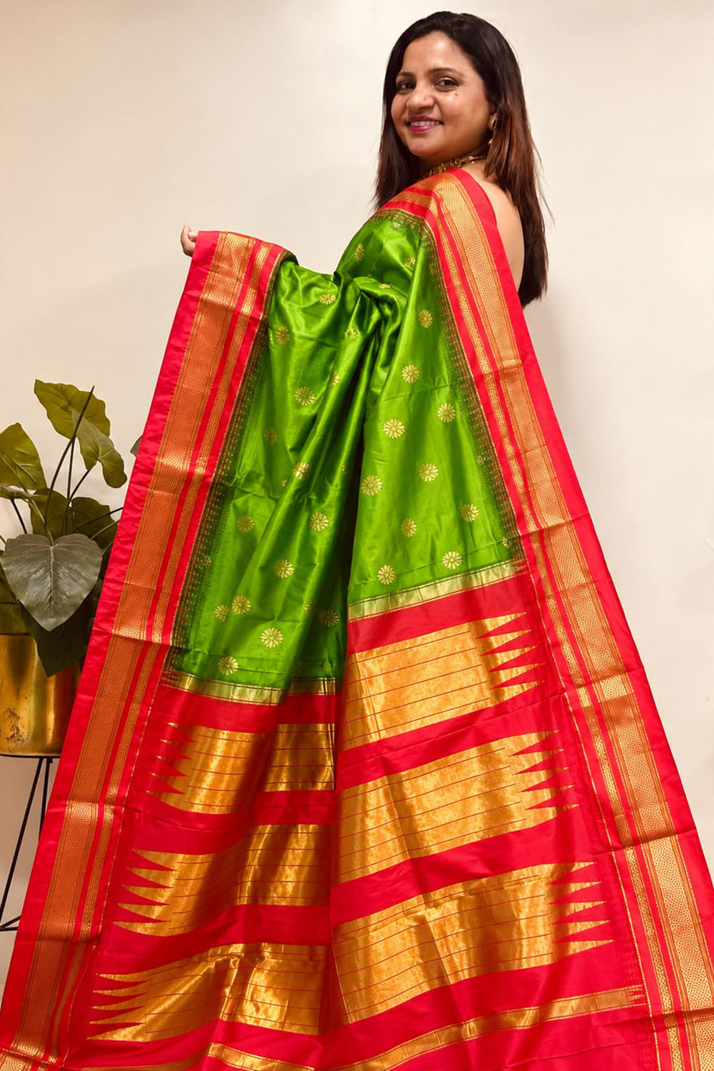 Green and Red Ilkal Pure Silk Booti Design Temple Border Saree