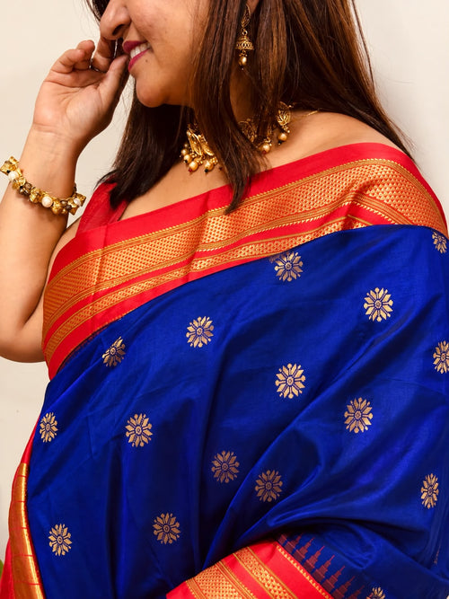 Blue and Red Ilkal Pure Silk Booti Design Temple Border Saree