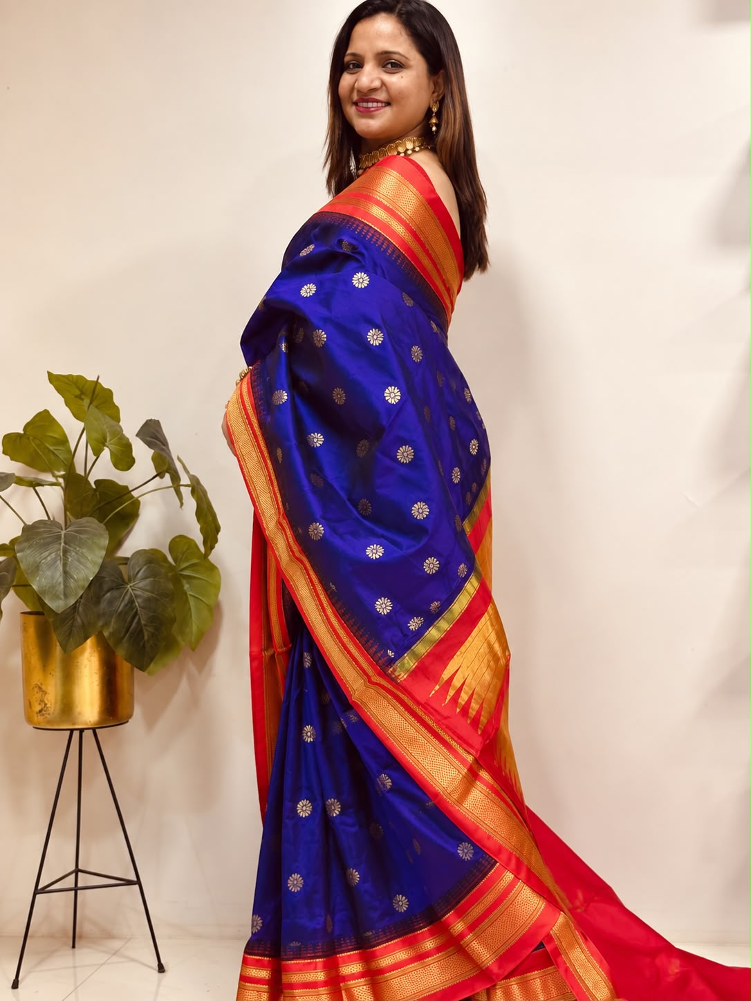 Blue and Red Ilkal Pure Silk Booti Design Temple Border Saree