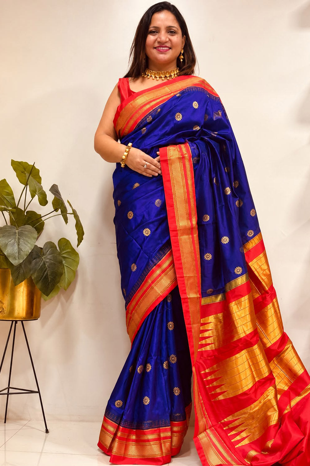 Blue and Red Ilkal Pure Silk Booti Design Temple Border Saree