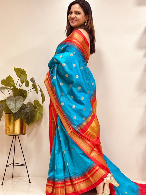 Blue and Red Ilkal Pure Silk Booti Design Temple Border Saree