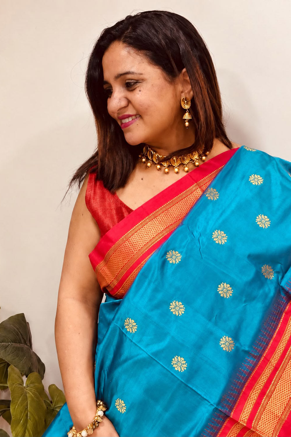 Blue and Red Ilkal Pure Silk Booti Design Temple Border Saree