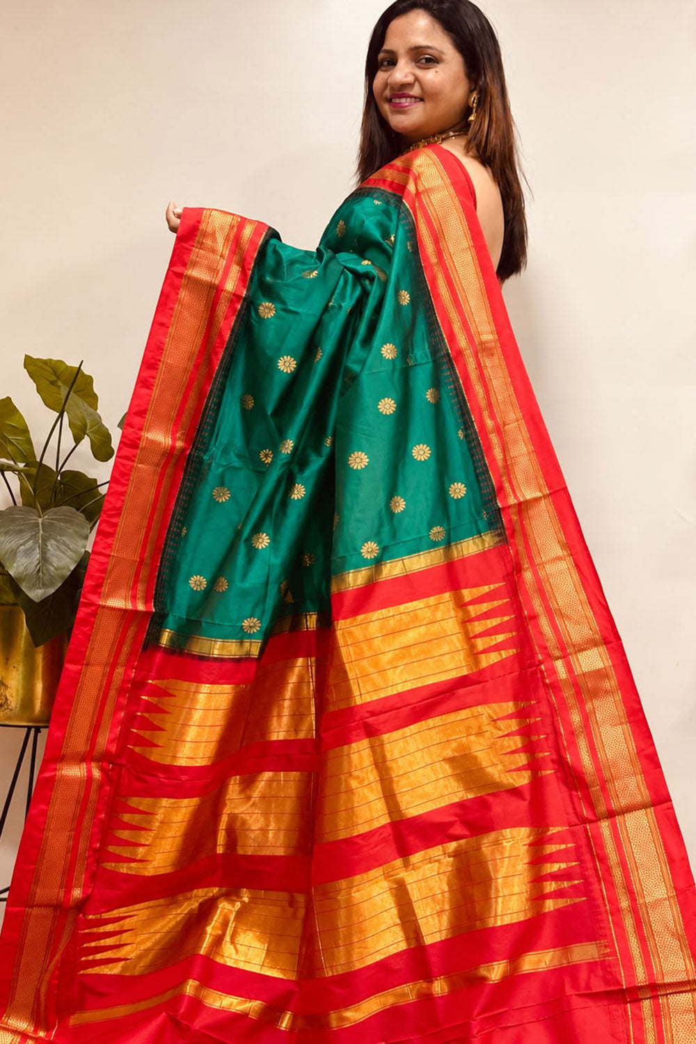 Green and Red Ilkal Pure Silk Booti Design Temple Border Saree