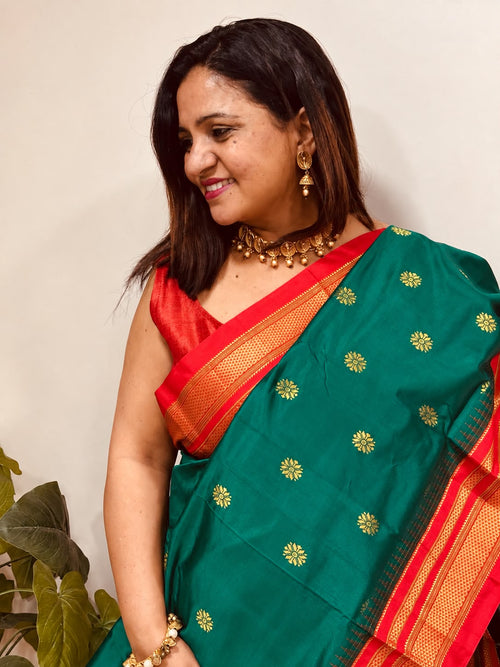 Green and Red Ilkal Pure Silk Booti Design Temple Border Saree