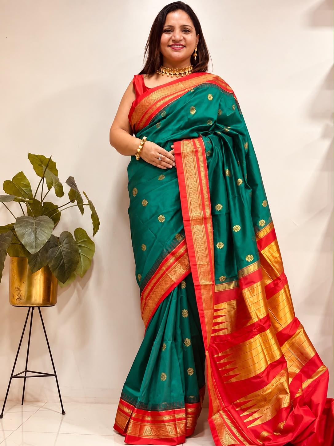 Green and Red Ilkal Pure Silk Booti Design Temple Border Saree