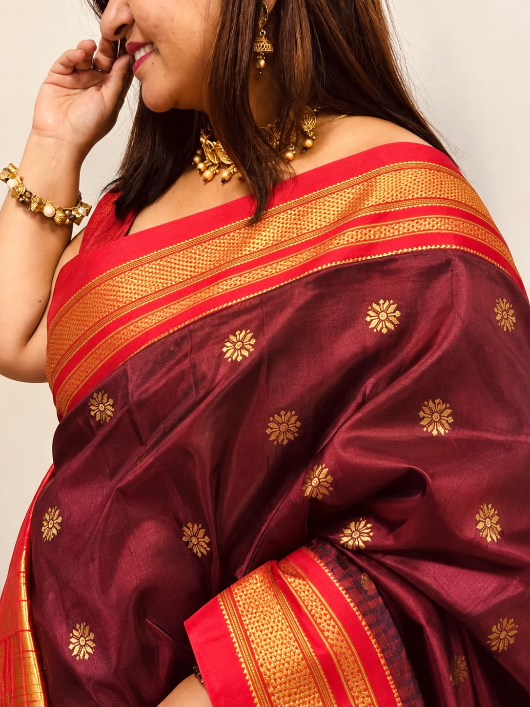 Maroon and Red Ilkal Pure Silk Booti Design Temple Border Saree