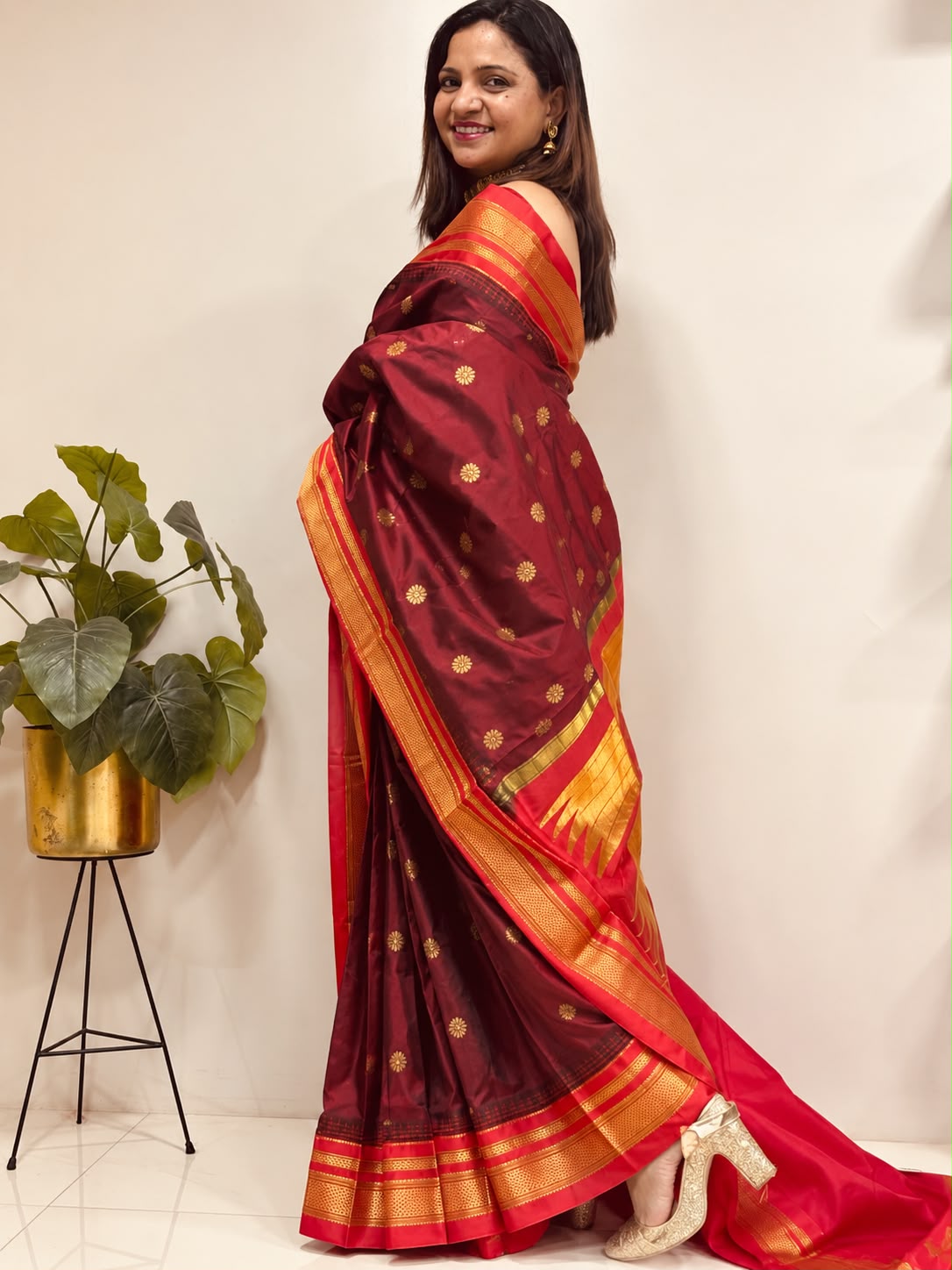 Maroon and Red Ilkal Pure Silk Booti Design Temple Border Saree