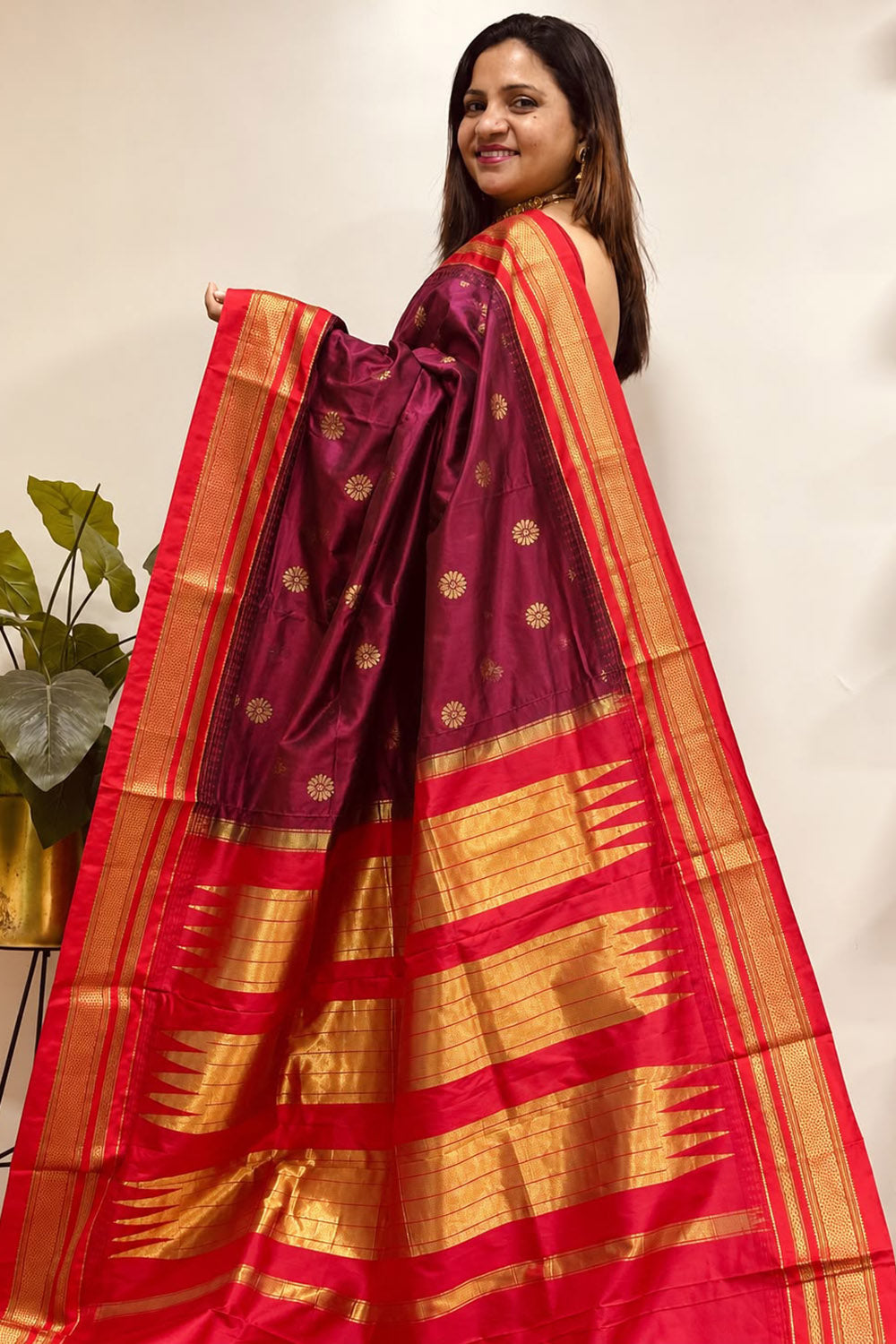 Maroon and Red Ilkal Pure Silk Booti Design Temple Border Saree
