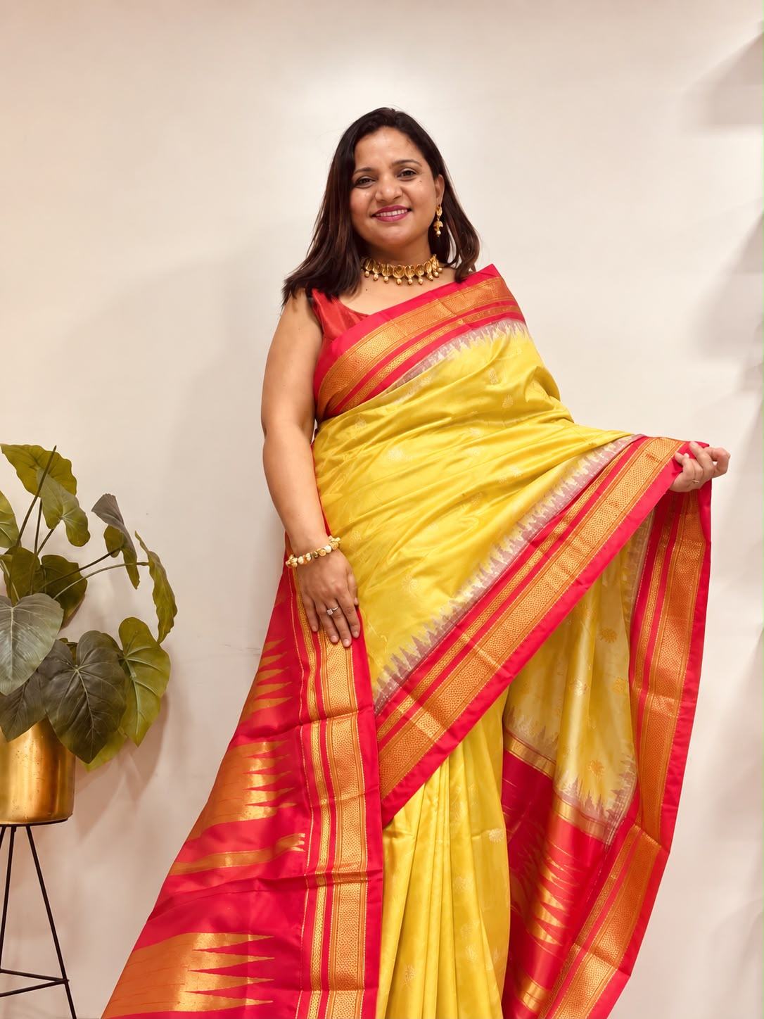Yellow and Red Ilkal Pure Silk Booti Design Temple Border Saree