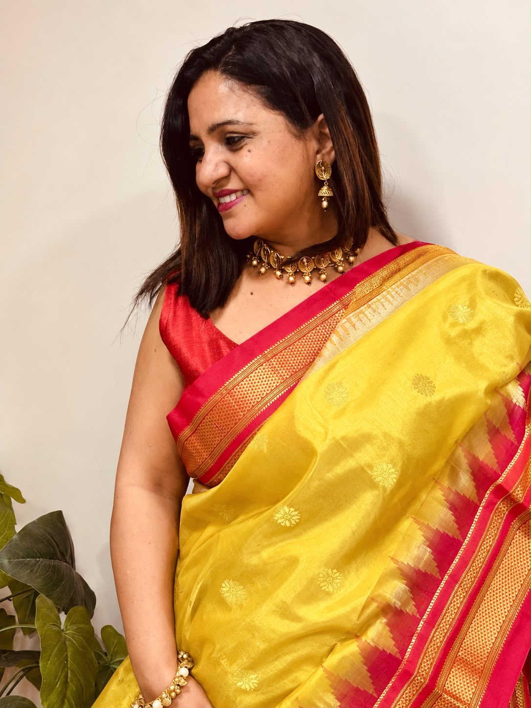 Yellow and Red Ilkal Pure Silk Booti Design Temple Border Saree