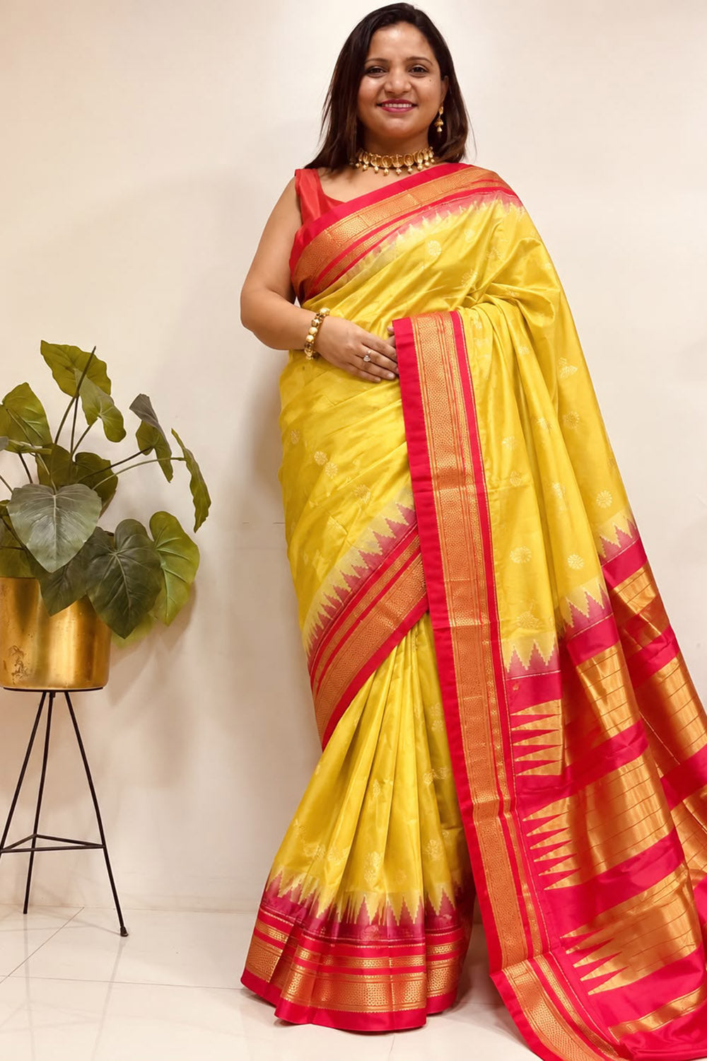 Yellow and Red Ilkal Pure Silk Booti Design Temple Border Saree