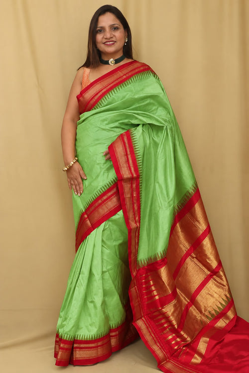 Green and Red Ilkal Pure Silk Booti Design Temple Border Saree