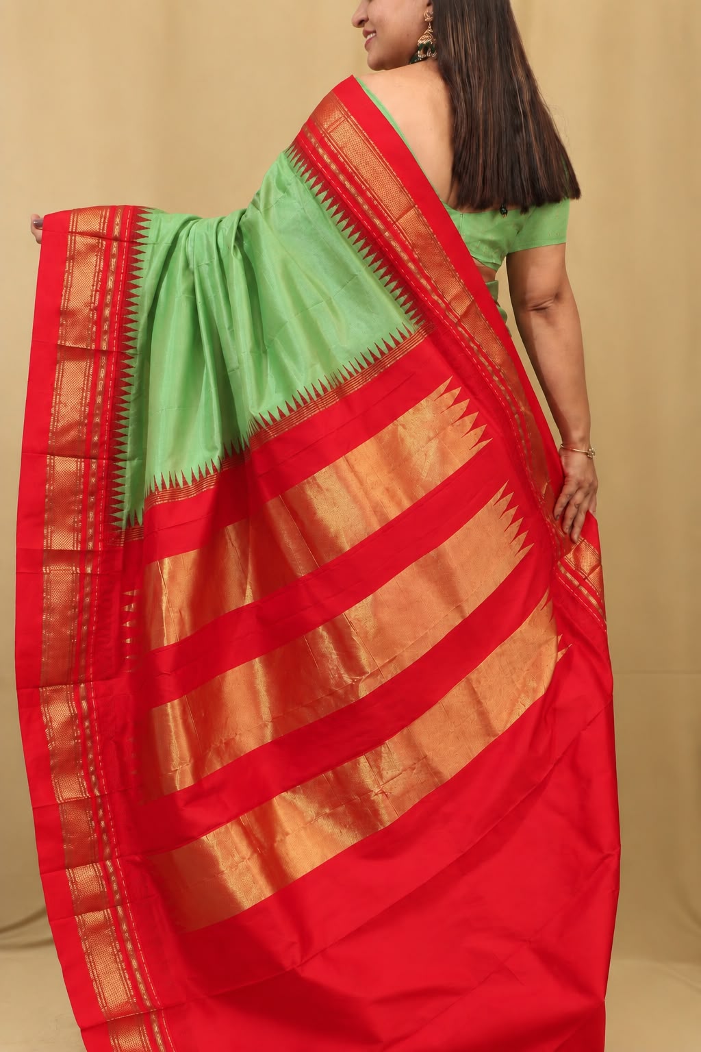 Green and Red Ilkal Pure Silk Booti Design Temple Border Saree