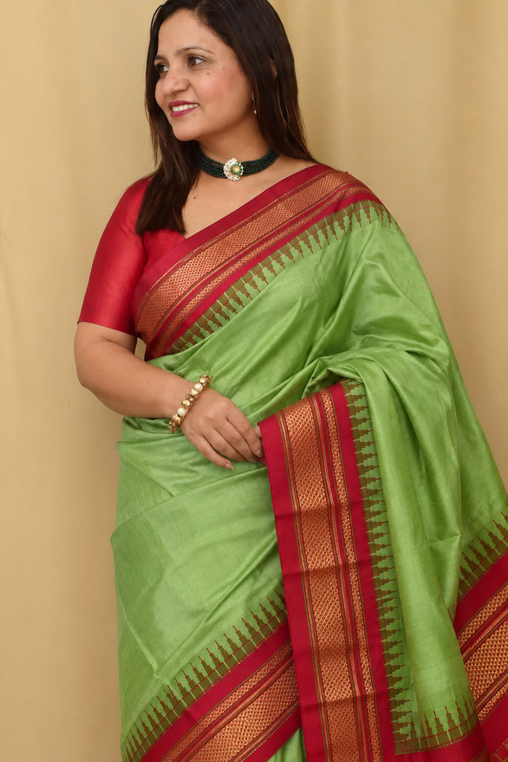 Green and Red Ilkal Pure Silk Booti Design Temple Border Saree