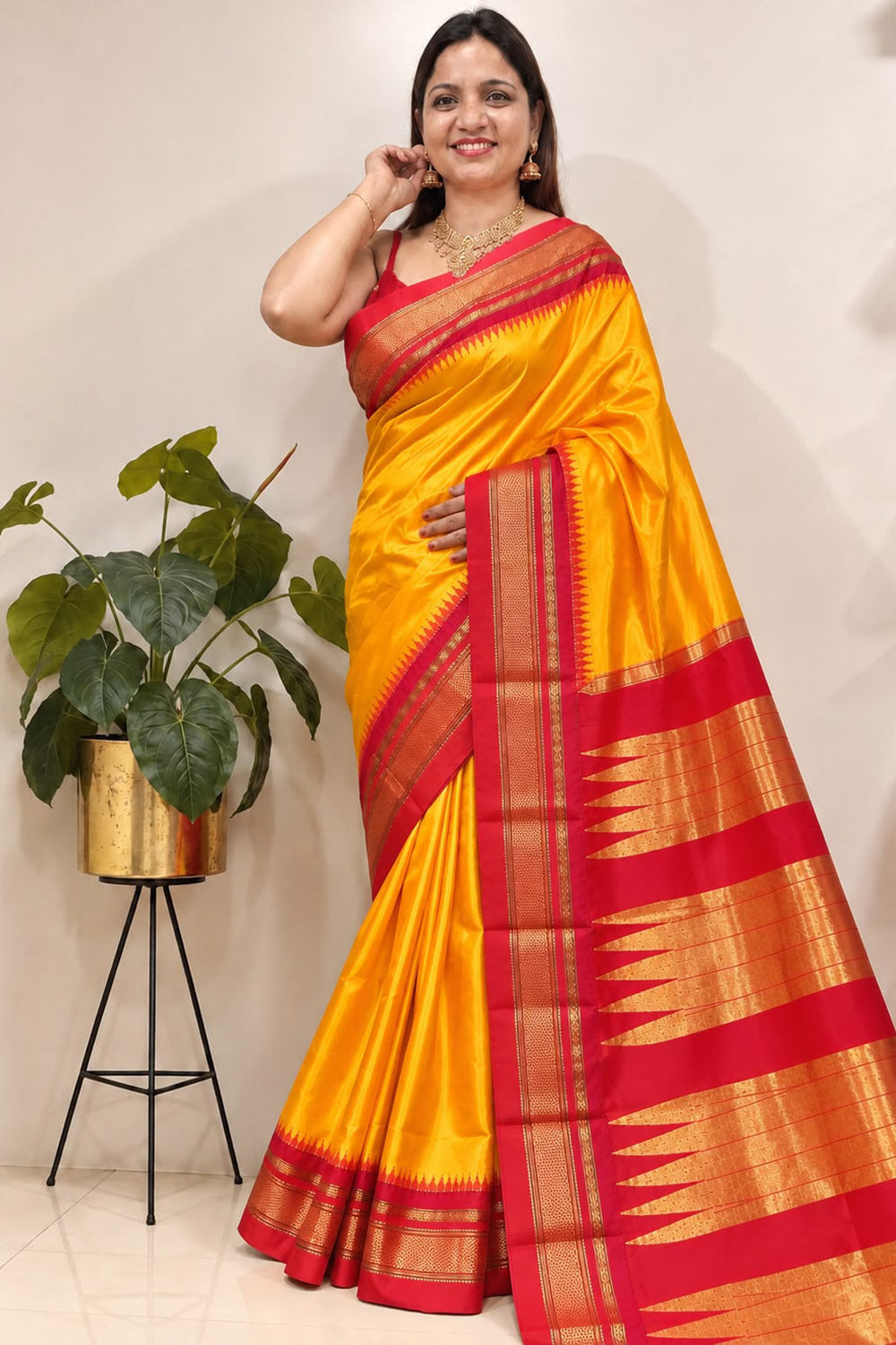 Orange and Red Ilkal Pure Silk Booti Design Temple Border Saree