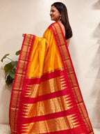 Orange and Red Ilkal Pure Silk Booti Design Temple Border Saree